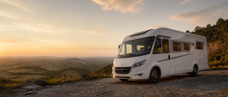 Reisemobil an einem Aussichtspunkt bei goldenem Abendlicht