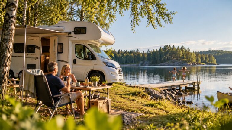KI-generierte Illustration: Ein Paar sitzt an einem gedeckten Campingtisch unter der Markise eines Alkoven-Reisemobils am Seeufer, zwei Kinder laufen über einen Holzsteg zum Wasser, Sommerstimmung mit Birken und Nadelwald.
