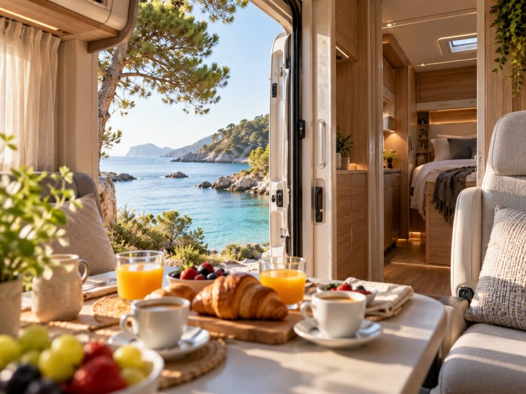 KI-generierte Illustration: Gedeckter Frühstückstisch mit Croissants, Kaffee, Orangensaft und Obst im Innenraum eines Reisemobils, durch die offene Tür Blick auf eine Meeresbucht mit Pinien.