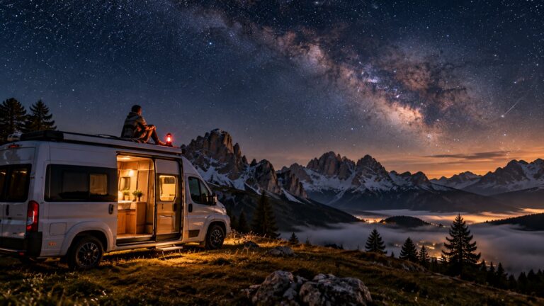 KI-generierte Illustration: Ein Kastenwagen mit geöffneter, beleuchteter Schiebetür steht nachts auf einer Bergwiese, eine Person sitzt mit einer Laterne auf dem Dach und blickt auf die Milchstraße über Berggipfeln und einem nebligen Tal.