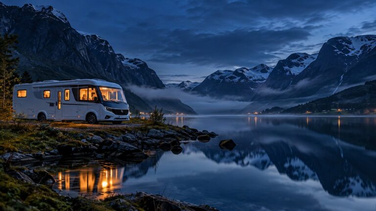 KI-generierte Illustration: Ein innen beleuchtetes integriertes Reisemobil steht zur blauen Stunde am felsigen Ufer eines Fjords, schneebedeckte Berge und Nebel spiegeln sich im stillen Wasser.