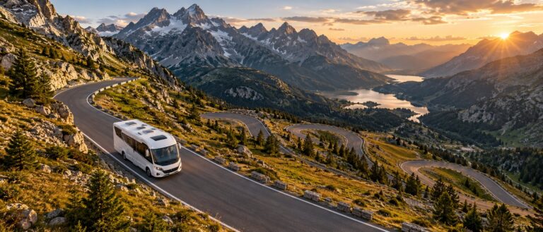 KI-generierte Illustration: Ein integriertes Reisemobil fährt auf einer Passstraße mit Serpentinen durch eine Hochgebirgslandschaft, dahinter schneebedeckte Gipfel und ein See im Tal bei tief stehender Sonne.