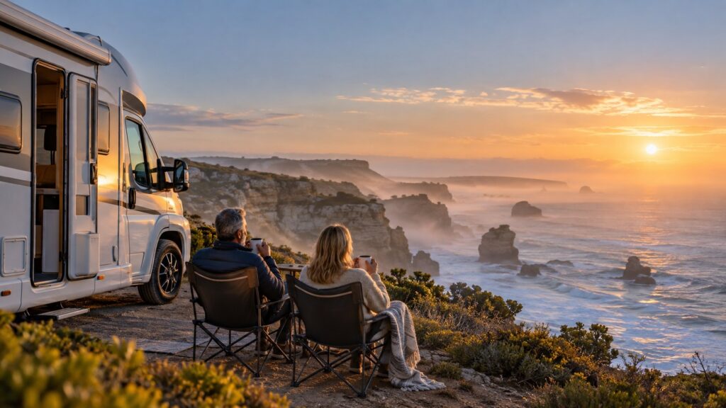 KI-generierte Illustration: Ein Paar sitzt mit Kaffeebechern auf Campingstühlen neben einem teilintegrierten Reisemobil an einer Steilküste und blickt bei Sonnenaufgang auf das Meer mit Felsen in der Brandung.