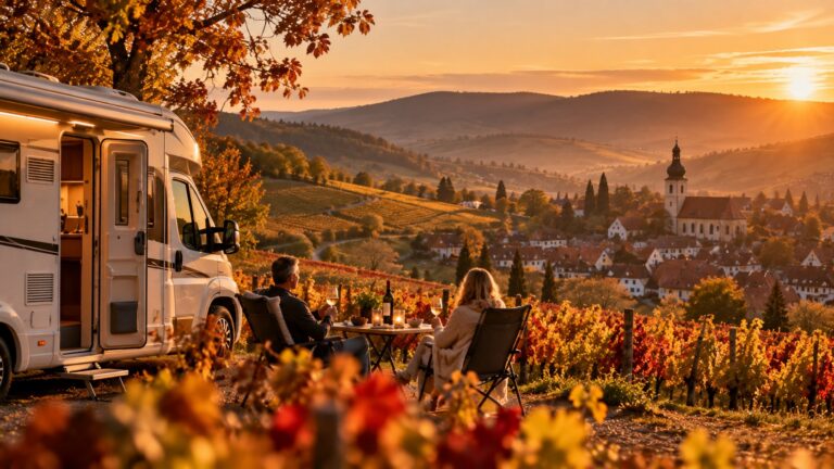 KI-generierte Illustration: Ein Paar sitzt mit Weingläsern an einem Tisch mit Kerzen neben einem teilintegrierten Reisemobil am Rand eines herbstlich gefärbten Weinbergs, im Tal ein Dorf mit Kirchturm bei Sonnenuntergang.
