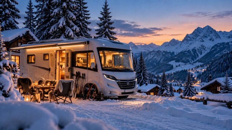 KI-generierte Illustration: Ein beleuchtetes integriertes Reisemobil steht in der Abenddämmerung im Schnee eines Bergdorfs, davor Campingstühle mit Fellen, Laternen, Ski und Schneeschuhe, im Hintergrund verschneite Gipfel.