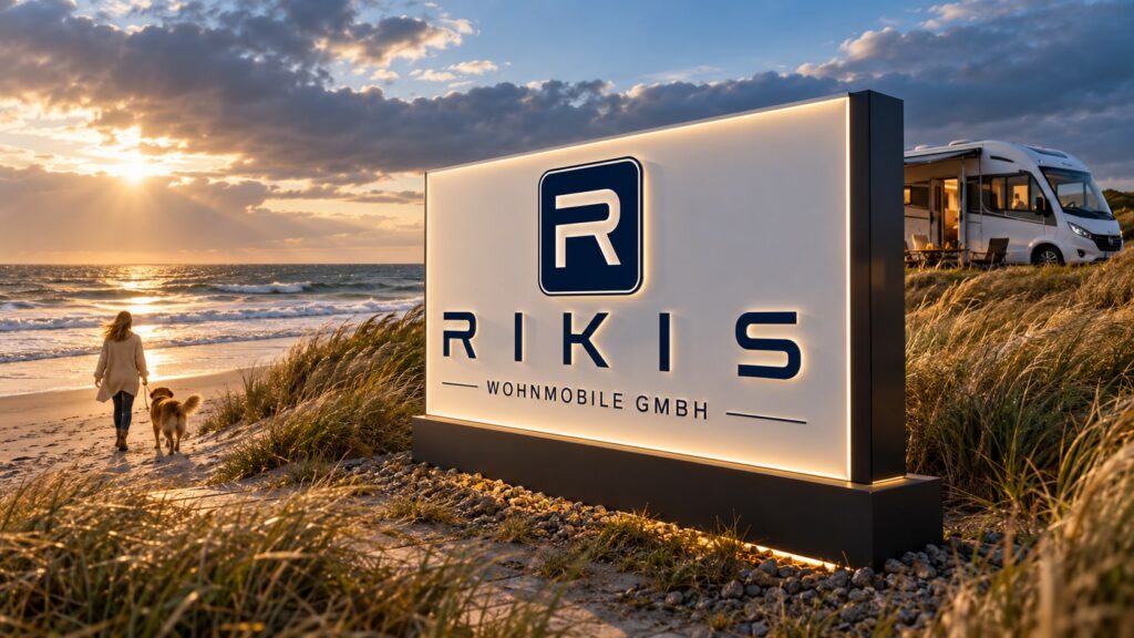 KI-generierte Illustration: beleuchtetes RIKIS-Schild in den Dünen am Meer bei Sonnenuntergang, am Strand eine Spaziergängerin mit Hund, dahinter ein Reisemobil