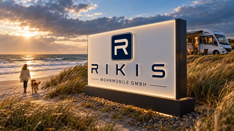 KI-generierte Illustration: beleuchtetes RIKIS-Schild in den Dünen am Meer bei Sonnenuntergang, am Strand eine Spaziergängerin mit Hund, dahinter ein Reisemobil