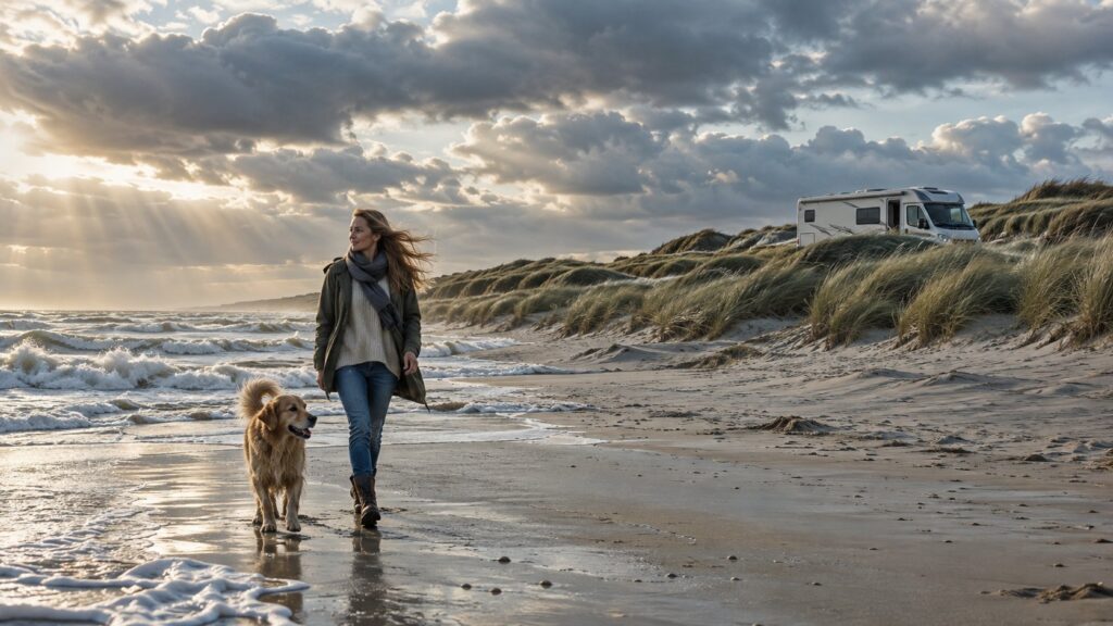 KI-generierte Illustration: Eine Frau geht mit einem Golden Retriever an einem windigen Sandstrand spazieren, auf den grasbewachsenen Dünen dahinter steht ein teilintegriertes Reisemobil, Sonnenstrahlen brechen durch die Wolken.