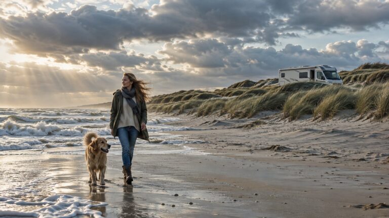 KI-generierte Illustration: Eine Frau geht mit einem Golden Retriever an einem windigen Sandstrand spazieren, auf den grasbewachsenen Dünen dahinter steht ein teilintegriertes Reisemobil, Sonnenstrahlen brechen durch die Wolken.