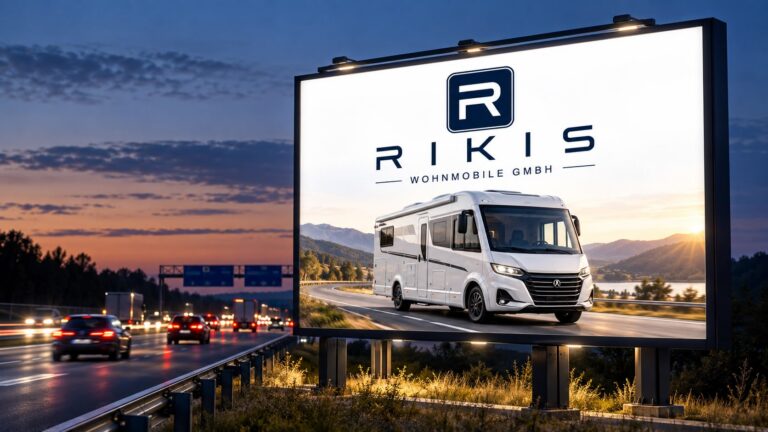 KI-generierte Illustration: RIKIS-Werbetafel mit Reisemobil an einer Autobahn in der Abenddämmerung